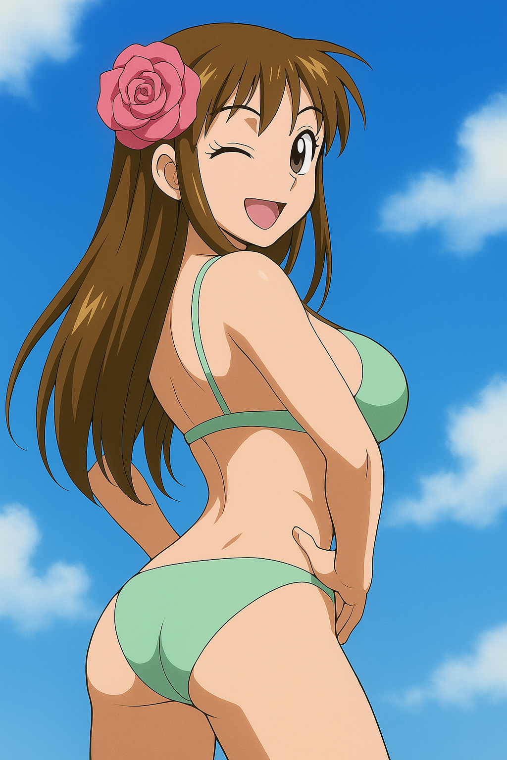 1girl ai-generated ass bad_tag bikini breasts brown_eyes brown_hair flower hair_flower hair_ornament hands_on_own_hips konjiki_no_gash!! large_breasts looking_at_viewer looking_back oumi_megumi pale_skin smile swimsuit thighs