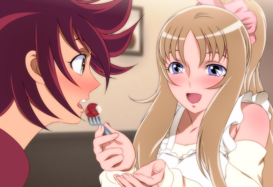 10s 1boy 1girl :d alternate_hairstyle aquila_yuna blue_eyes blush brown_eyes brown_hair couple fork long_hair open_mouth pegasus_koga ponytail red_hair saint_seiya saint_seiya_omega short_hair smile yadokari_genpachirou