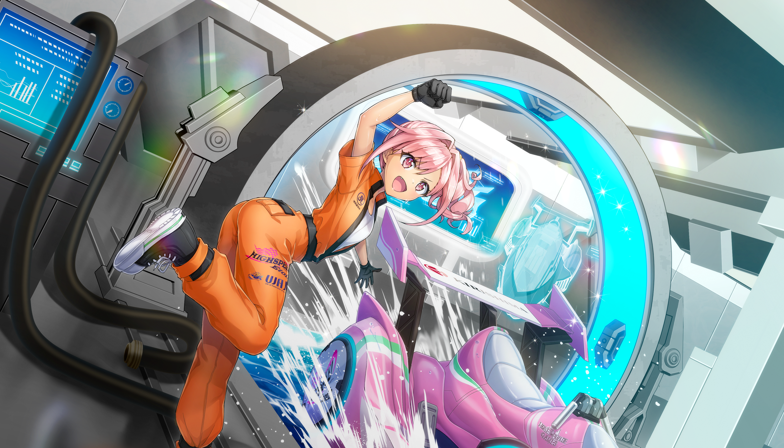 1girl ass black_gloves breasts dolphin_wave game_cg gloves hair_intakes highres highspeed_etoile jet_ski jumpsuit logo mechanic non-web_source official_alternate_costume official_art one_side_up ootomo_takuji open_jumpsuit open_mouth orange_jumpsuit pink_eyes pink_hair shirt small_breasts smile standing standing_on_one_leg urami_kana watercraft white_shirt