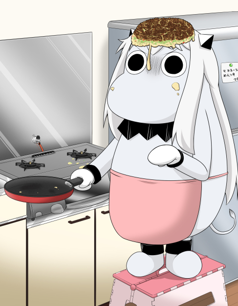 (o)_(o) 10s abyssal_ship apron comic commentary cooking cosplay food food_on_face food_on_head horns jewelry kantai_collection kitchen long_hair md5_mismatch mittens moomin muppo naked_apron northern_ocean_hime_(cosplay) northern_ocean_princess object_on_head okonomiyaki resolution_mismatch sazanami_konami standing_on_object step stool stove translated
