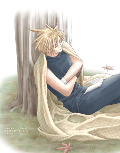 1boy autumn autumn_leaves black_pants black_shirt blanket blonde_hair book brown_gloves character_name closed_eyes cloud_strife crossed_arms day final_fantasy final_fantasy_vii gloves grass leaf leaning_back light_smile lowres male_focus no_armor on_grass open_book outdoors pants plaid_blanket rendezvous shirt short_hair sitting solo spiked_hair third-party_source tree turtleneck turtleneck_shirt upper_body