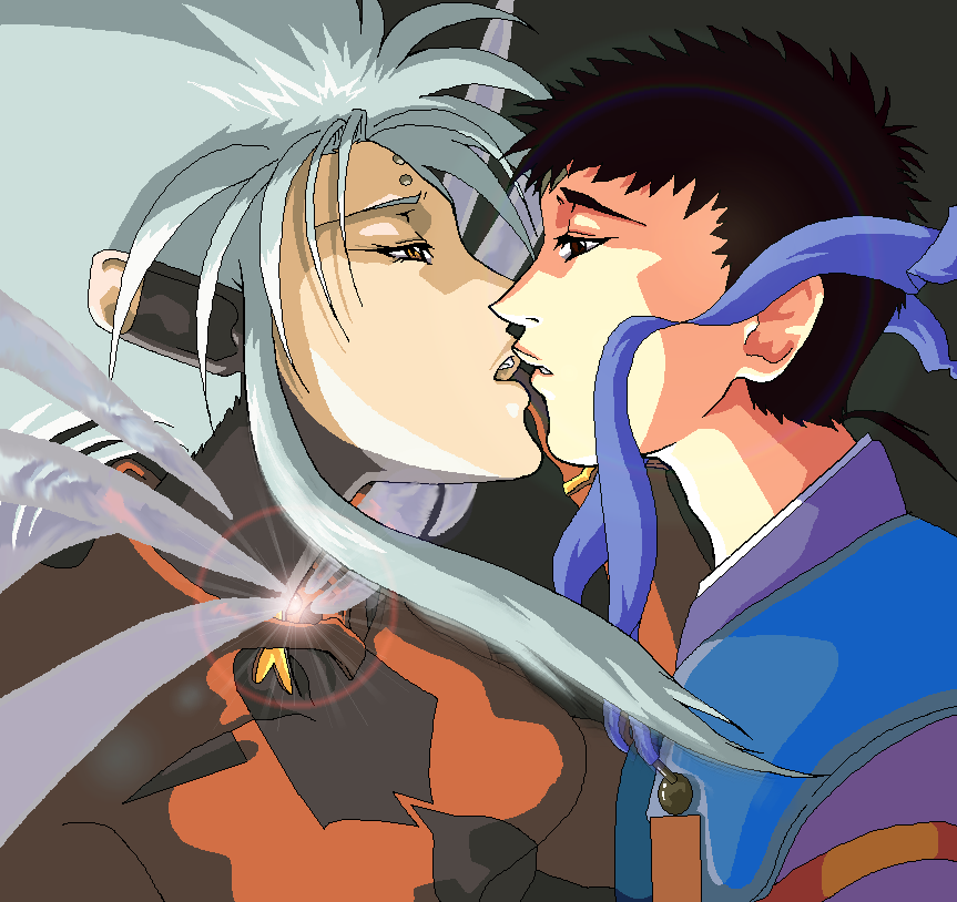 1boy 1girl hetero kiss masaki_tenchi ponytail ryouko_(tenchi_muyou!) shadowkira