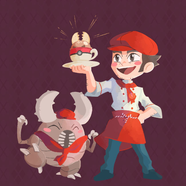 1boy alternate_costume apron blush_stickers brown_eyes brown_hair character-themed_food claws closed_eyes cup full_body gen_1_pokemon hand_on_own_hip hat male_focus necktie nintendo noland_(pokemon) pinsir poke_ball_theme pokemon pokemon_(creature) pokemon_cafe_remix pokemon_emerald pokemon_rse red_apron red_hat red_necktie shirt vergolophus waist_apron white_shirt