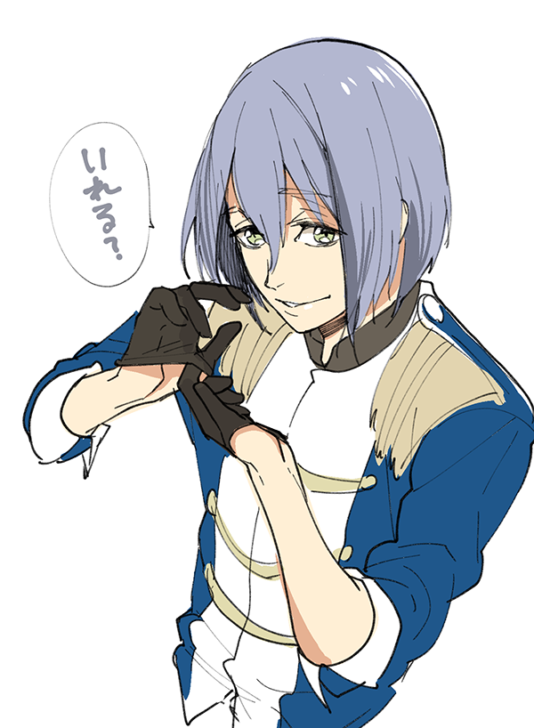 1boy black_gloves gloves green_eyes high_speed! looking_at_viewer male_focus megumi-square purple_hair serizawa_nao short_hair simple_background smile text_focus white_background