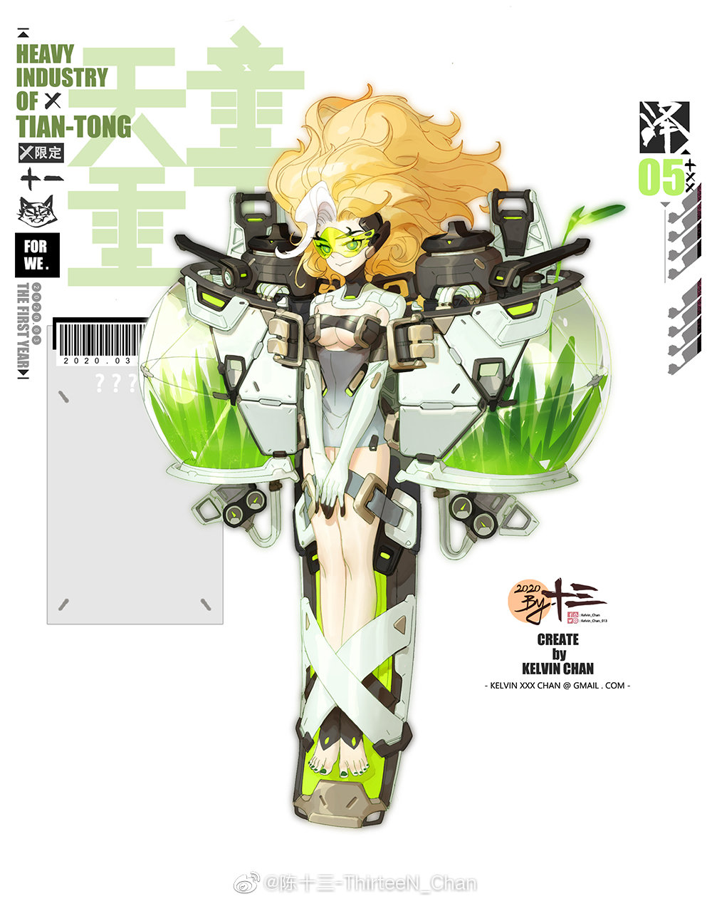 1girl ? anklet artist_name asymmetrical_hair barcode barefoot big_hair black_nails blonde_hair breasts chinese_commentary chinese_text closed_mouth commentary_request cyborg dress english_text floating_hair full_body goggles green-tinted_eyewear grey_dress highres jewelry joints kelvin_chan knees large_breasts long_hair mixed-language_text multicolored_hair nail_polish original robot_joints science_fiction short_dress smile solo standing strapless strapless_dress streaked_hair tinted_eyewear toenail_polish toenails toes very_long_hair watermark weibo_watermark white_background white_hair