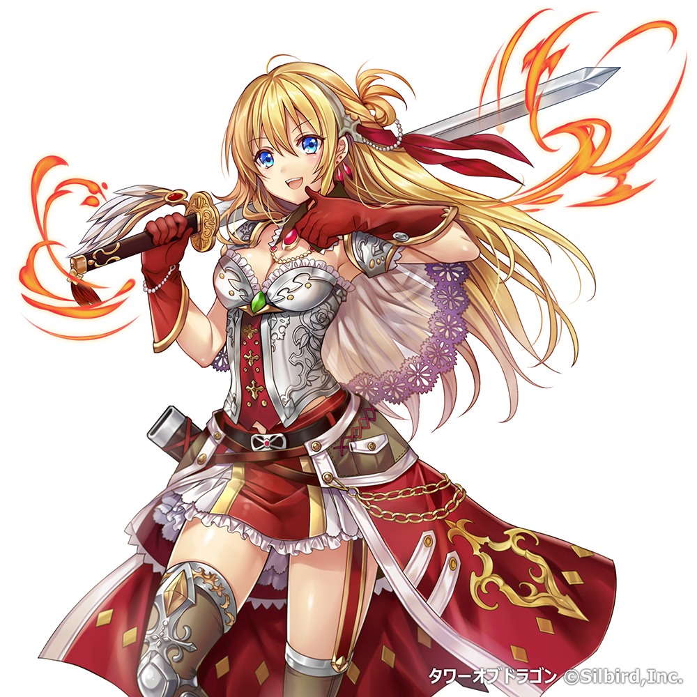 armor bikini_armor blonde_hair blue_hair fire gloves headdress jewelry long_hair looking_at_viewer madogawa necklace official_art original skirt smile solo sword tower_of_dragon weapon