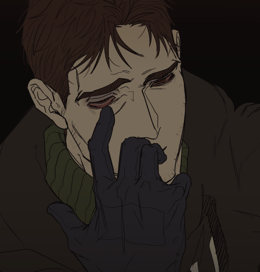1boy :| afraid_of_monsters bags_under_eyes black_gloves black_hoodie bloodshot_eyes brown_eyes brown_hair closed_mouth david_leatherhoff exhausted eyelid_pull facial_hair gloves goatee_stubble head_tilt hood hood_down hoodie ju-san male_focus portrait short_hair solo stubble turtleneck