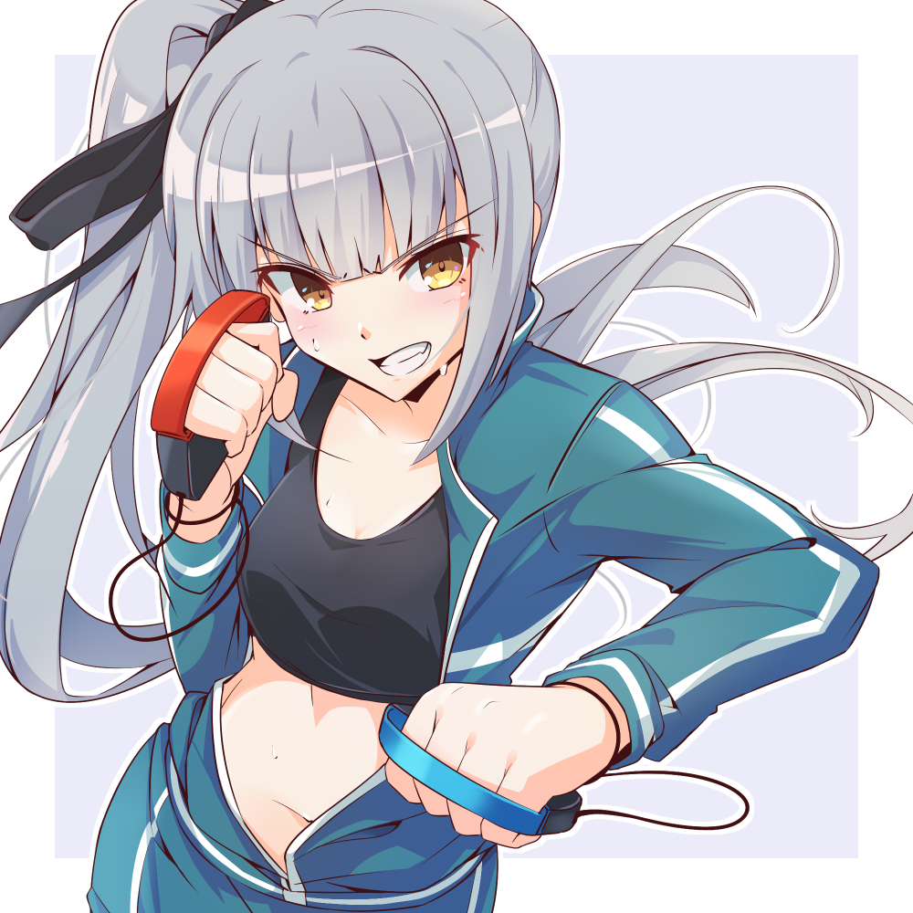 1girl black_ribbon black_sports_bra blush clenched_teeth collarbone grey_hair hair_ribbon jersey kantai_collection kasumi_(kancolle) long_hair long_sleeves navel ribbon side_ponytail solo sports_bra teeth upper_body utouto yellow_eyes