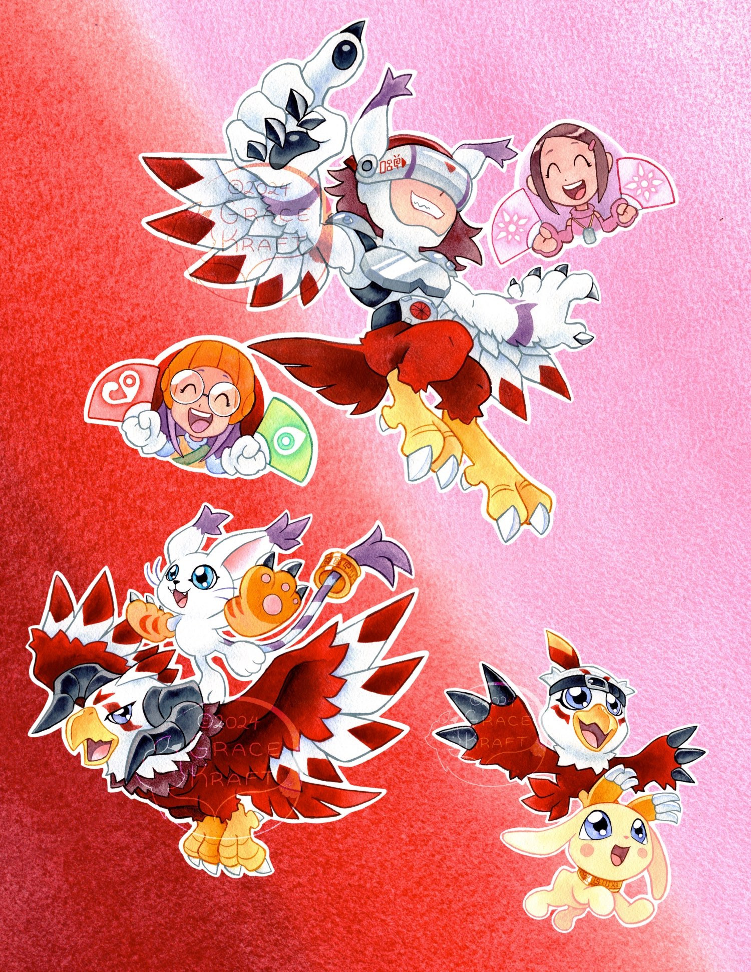 animal_ears aquilamon cat cat_ears covered_eyes crests_(digimon) digimon digimon_(creature) digimon_adventure_02 fusion glasses gloves hawkmon helmet highres holy_ring inoue_miyako long_ears long_hair mask orange_eyes pink_hair plotmon silphymon tail tailmon yagami_hikari