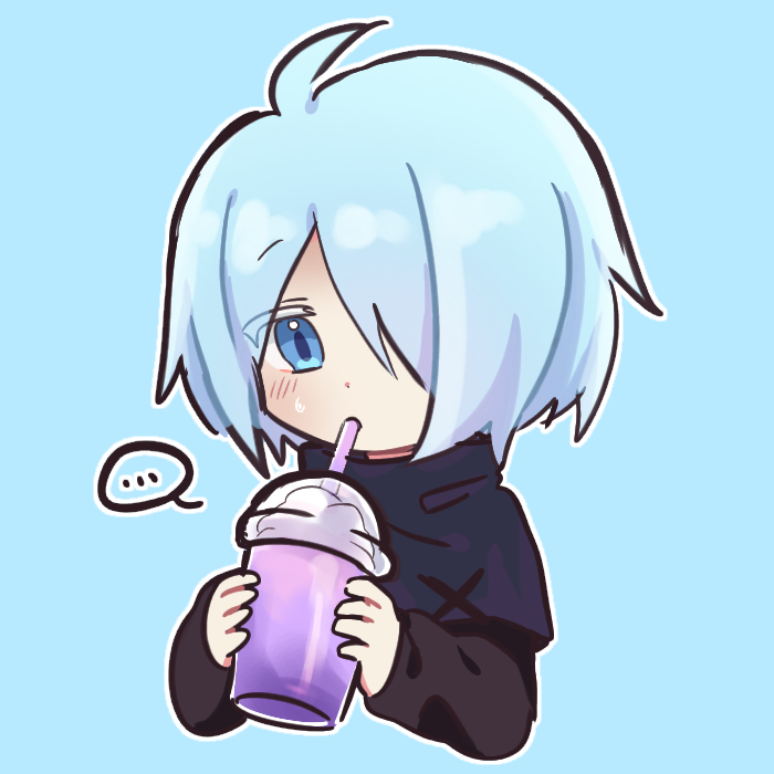 ... 1boy ahoge black_tunic blue_eyes blue_shawl blush cape commentary cookie_run cup dbrs drinking_straw drinking_straw_in_mouth grimace grimace_shake_(meme) hair_over_one_eye holding holding_cup humanization long_sleeves male_focus milk_shake navy_blue_shawl pale_blue_hair plastic_bottle raised_eyebrow shake shawl sherbet_cookie short_hair simple_background solo speech_bubble spoken_ellipsis stitches straw sweatdrop tagme tunic upper_body