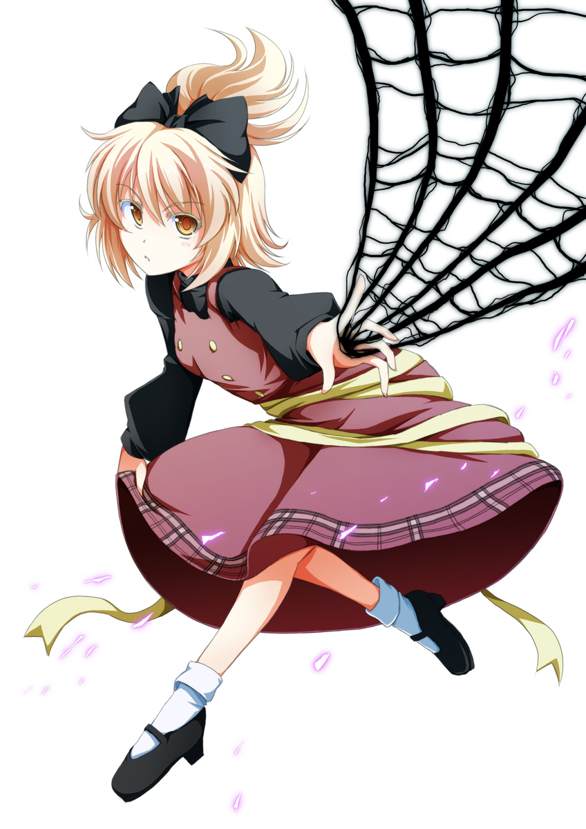 1girl blonde_hair blush bow clothes_lift dress female_focus full_body hair_bow highres kurodani_yamame short_hair silk skirt skirt_lift solo spider_web touhou tri white_background yellow_eyes