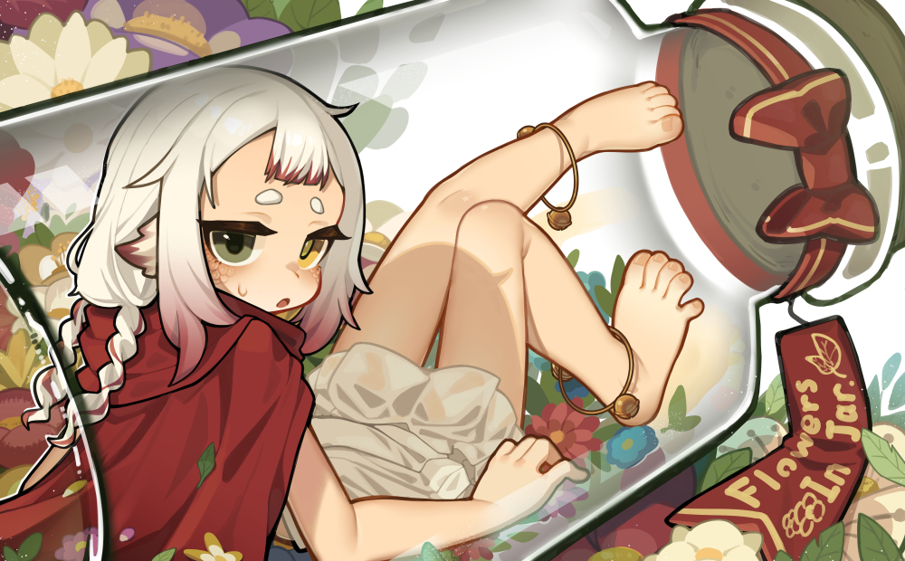 1girl anklet bare_legs barefoot feet flower in_container in_jar jar jewelry kotoba_(1074421015) leaf looking_at_viewer medium_hair multicolored_hair open_mouth original ribbon scales solo toenails toes two-tone_hair