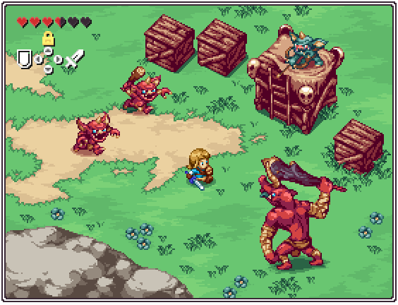 1boy bokoblin bow_(weapon) colored_skin creature dewndeym fake_screenshot flower grass heart holding holding_sword holding_weapon horns link moblin nintendo outdoors red_skin single_horn standing sword the_legend_of_zelda the_legend_of_zelda:_tears_of_the_kingdom weapon