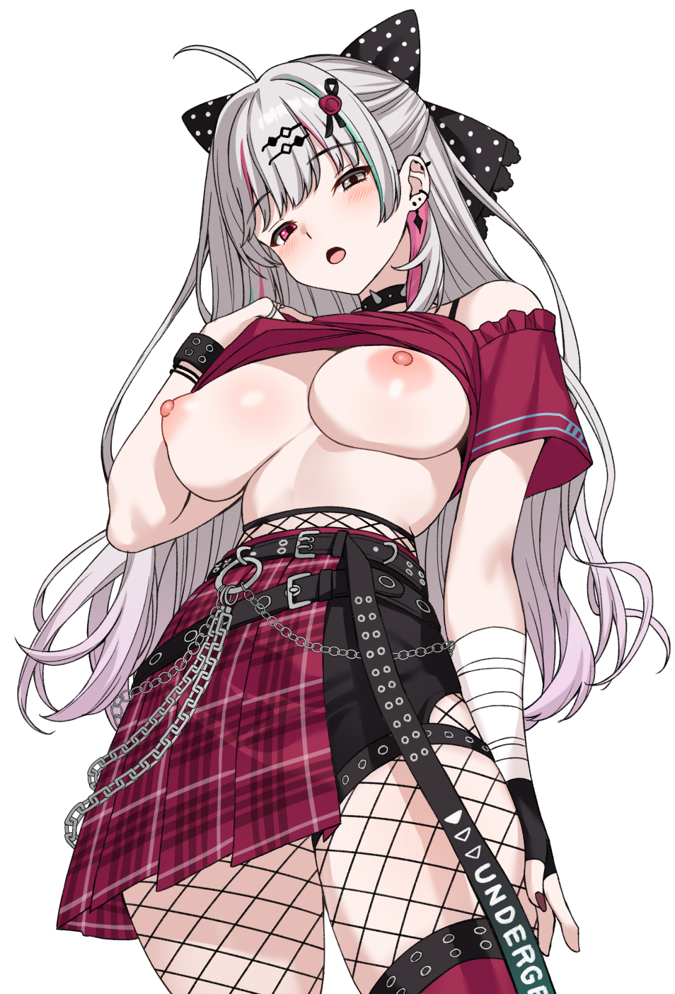 1girl :o ahoge bandaged_arm bandages bare_shoulders black_choker black_gloves black_ribbon black_shorts blush breasts choker clothes_lift ear_piercing earrings fingernails fishnet_pantyhose fishnets furuno_(furuno132nw) gloves grey_eyes grey_hair hair_ornament hair_ribbon hairclip heterochromia highres ishigami_nozomi ishigami_nozomi_(1st_costume) jewelry large_breasts lifting_own_clothes long_hair looking_at_viewer multicolored_hair nail_polish nijisanji nipples open_mouth pantyhose piercing pink_eyes pink_hair pink_nails pink_shirt pink_skirt pink_thighhighs plaid_clothes plaid_skirt polka_dot polka_dot_ribbon ribbon shirt shirt_lift short_sleeves shorts simple_background skirt solo spiked_choker spikes streaked_hair thighhighs virtual_youtuber white_background