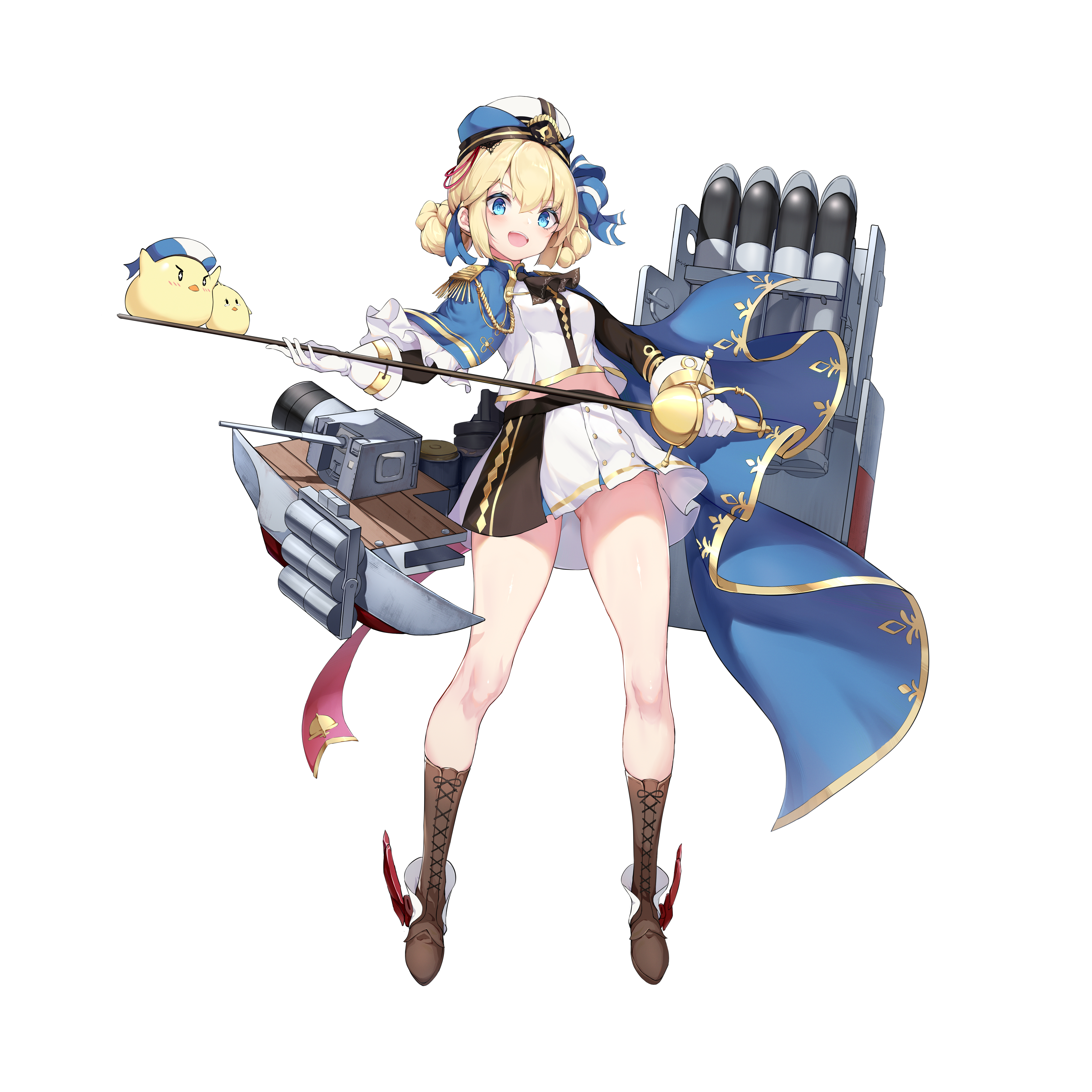 1girl absurdres artillery azur_lane beret blonde_hair blue_cape blue_eyes blue_ribbon boots breasts brown_boots brown_skirt cape epaulettes full_body gloves gluteal_fold gold_trim hardy_(azur_lane) hat highres holding holding_sword holding_weapon lace-up_boots long_hair manjuu_(azur_lane) miniskirt natsuichi-sama rapier ribbon rigging ship_turret simple_background single_epaulette skirt small_breasts solo sword thighs torpedo_launcher torpedo_tubes two-tone_skirt weapon white_background white_gloves white_skirt