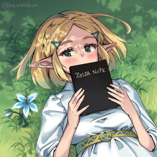 1girl artist_name blonde_hair blue_flower blush breasts commentary_request death death_note_(object) dress flower green_eyes holding holding_notebook looking_at_viewer lying medium_breasts monbetsu_kuniharu nintendo notebook on_back on_grass pointy_ears princess_zelda short_hair silent_princess solo the_legend_of_zelda the_legend_of_zelda:_tears_of_the_kingdom twitter_username upper_body white_dress