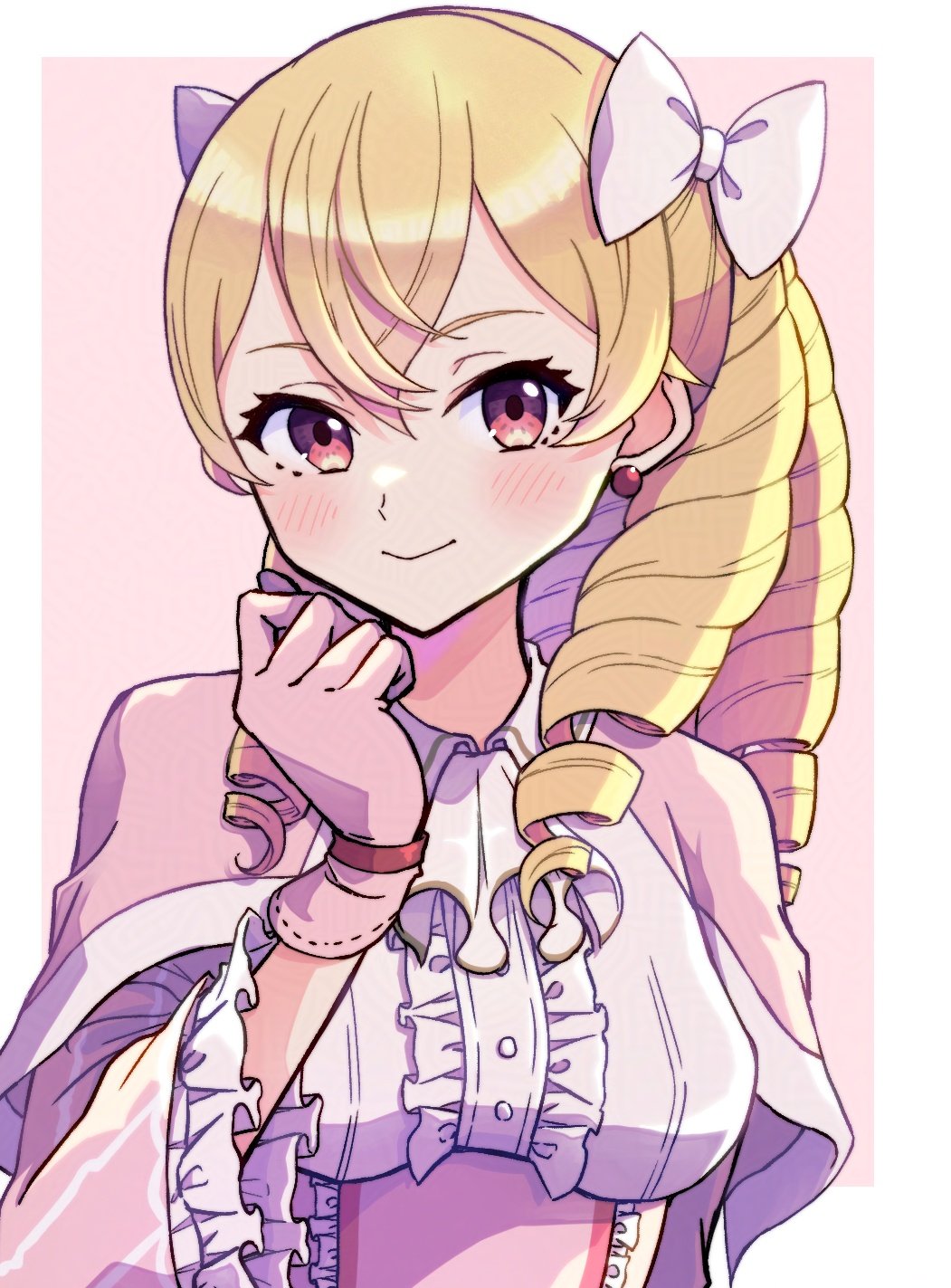 1girl ascot blush border bow breasts capelet closed_mouth commentary_request double-parted_bangs drill_hair eyelashes fire_emblem fire_emblem_awakening frilled_ascot frills gloves gogatsu_(yeaholiday) hair_bow highres looking_at_viewer maribelle_(fire_emblem) multiple_hair_bows nintendo outside_border pink_background pink_capelet pink_eyes pink_gloves smile solo twin_drills white_ascot white_border white_bow