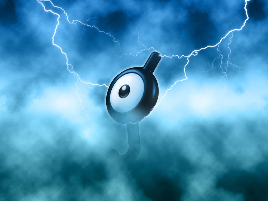 black_cloud black_eyes blue_theme cloud cloudy_sky commentary creature english_commentary floating full_body gen_2_pokemon ilkcmp looking_at_viewer md5_mismatch monochrome nintendo no_humans pokemon pokemon_(creature) resolution_mismatch sky solo source_larger thunder unown unown_j