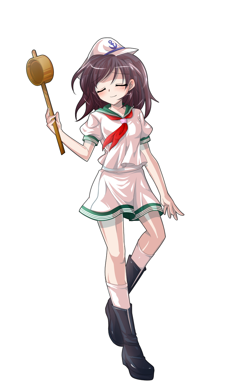 1girl anchor_print anchor_symbol arm_at_side black_boots blush boots breasts brown_hair closed_eyes closed_mouth collarbone commentary_request dairi facing_viewer full_body green_sailor_collar hand_up hat highres hishaku holding kneehighs large_variant_set long_hair medium_breasts miniskirt murasa_minamitsu neckerchief pink_hat pink_serafuku pink_shirt pink_skirt pink_socks puffy_short_sleeves puffy_sleeves raised_inner_eyebrows red_neckerchief sailor_collar sailor_hat school_uniform serafuku shirt short_sleeves simple_background skirt smile socks solo standing standing_on_one_leg tachi-e touhou transparent_background variant_set wispy_bangs