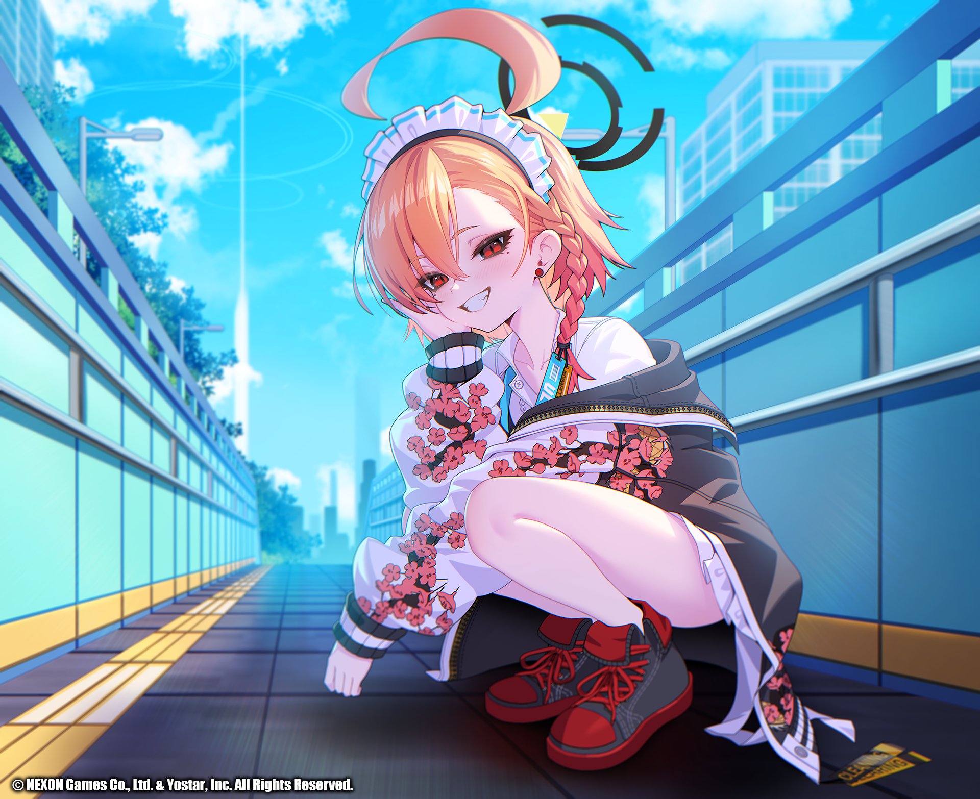 1girl ahoge asymmetrical_bangs black_jacket blue_archive blue_ribbon blush braid c.honey floral_print grey_shoes grin hair_between_eyes hairband highres huge_ahoge jacket long_hair looking_at_viewer maid_headdress neru_(blue_archive) red_eyes red_hair ribbon shirt shoes sidelocks single_braid skirt smile solo squatting sukajan white_hairband white_shirt white_skirt