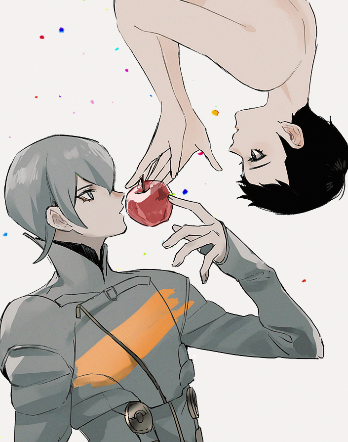 1boy 1girl apple arm_up arms_up bare_shoulders black_hair collared_jacket digital_devil_saga eye_contact food fruit grey_hair grey_jacket hair_between_eyes high_collar jacket konbanha06 layered_clothes long_sleeves looking_at_another open_mouth profile sera_(dds) serph short_hair simple_background sleeves_past_wrists topless_female upside-down white_background