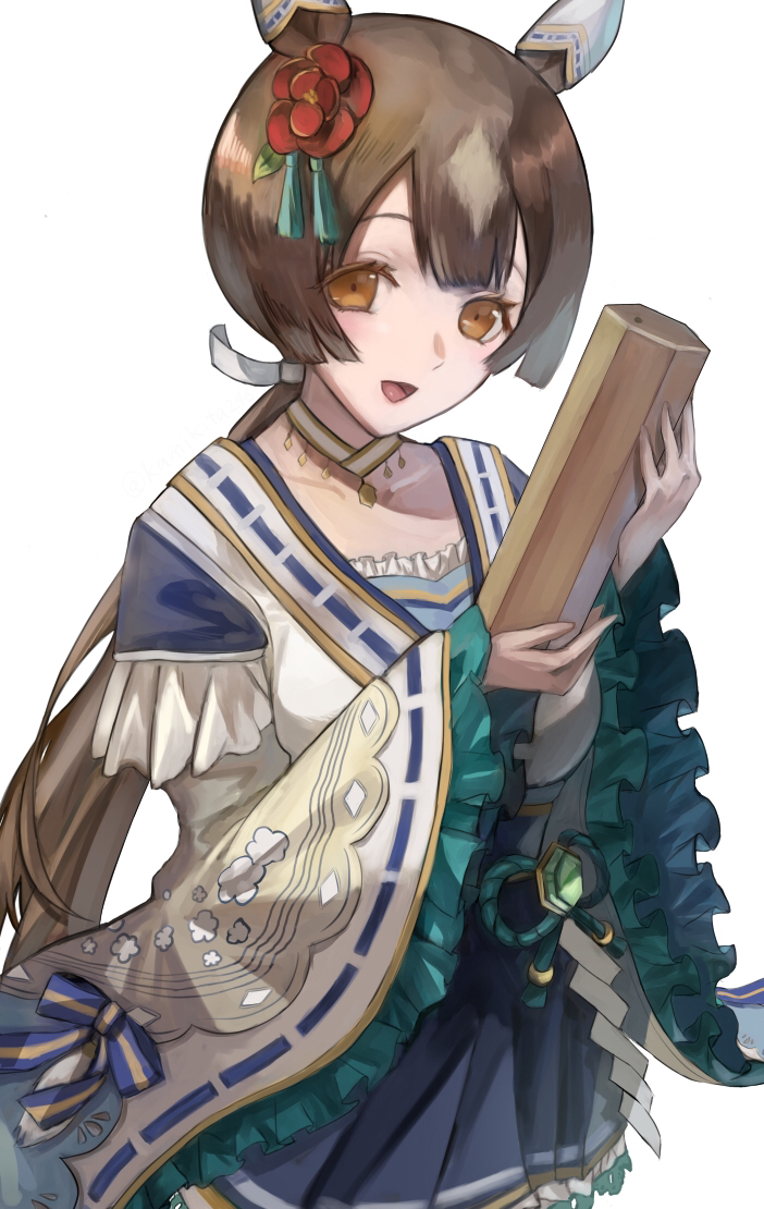 1girl :d animal_ears blue_skirt blunt_sidelocks breasts brown_eyes brown_hair choker commentary_request cowboy_shot double-parted_bangs ear_covers flower frilled_sleeves frills hair_between_eyes hair_flower hair_ornament hakama hakama_short_skirt hakama_skirt horse_ears japanese_clothes kimono layered_sleeves long_hair long_sleeves looking_at_viewer low_ponytail mai_yukari medium_breasts miniskirt multicolored_hair official_alternate_costume official_alternate_hairstyle omikuji open_mouth ponytail ribbon-trimmed_kimono ribbon_trim satono_diamond_(floral_star_prosperous_green)_(umamusume) satono_diamond_(umamusume) short_over_long_sleeves short_sleeves sidelocks simple_background skirt sleeves_past_wrists smile solo streaked_hair umamusume very_long_hair white_background white_choker white_kimono white_sleeves