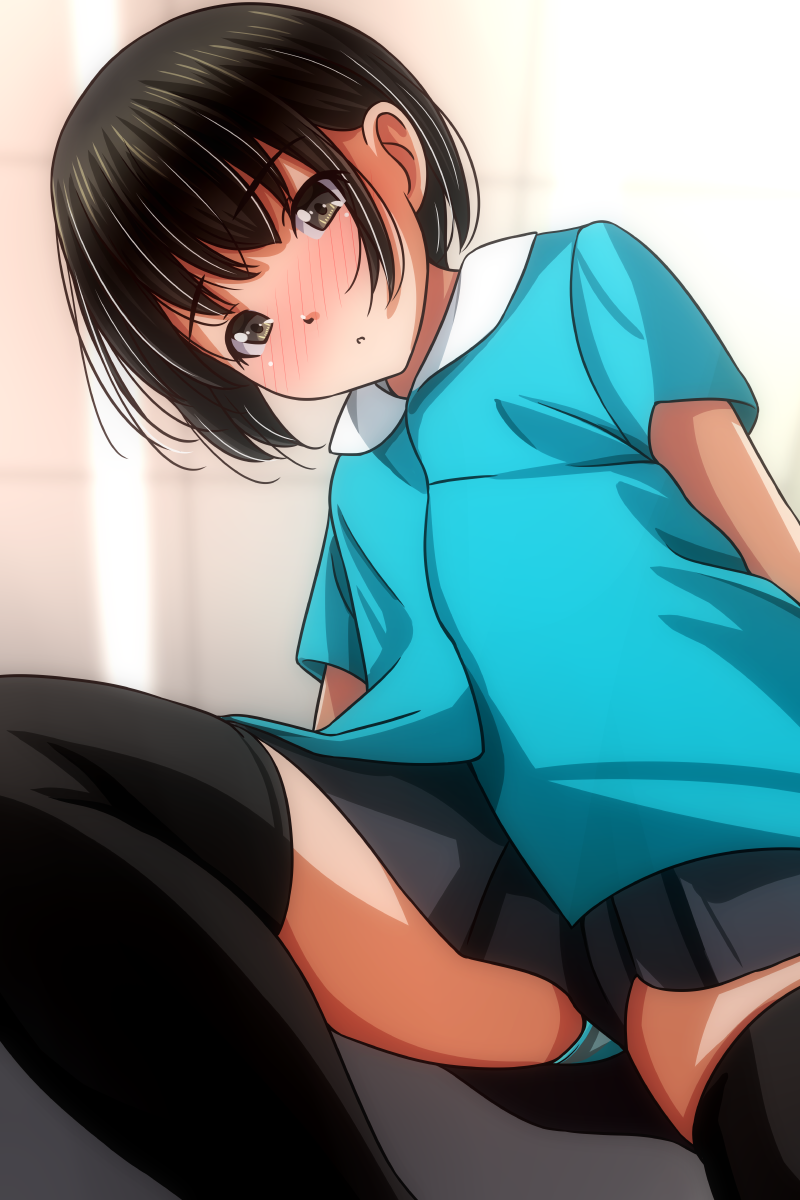1girl black_hair black_skirt black_thighhighs blue_panties blue_shirt blush brown_eyes curtains looking_at_viewer matsunaga_kouyou open_mouth original panties panty_peek shirt short_hair short_sleeves sitting skirt spread_legs thighhighs underwear