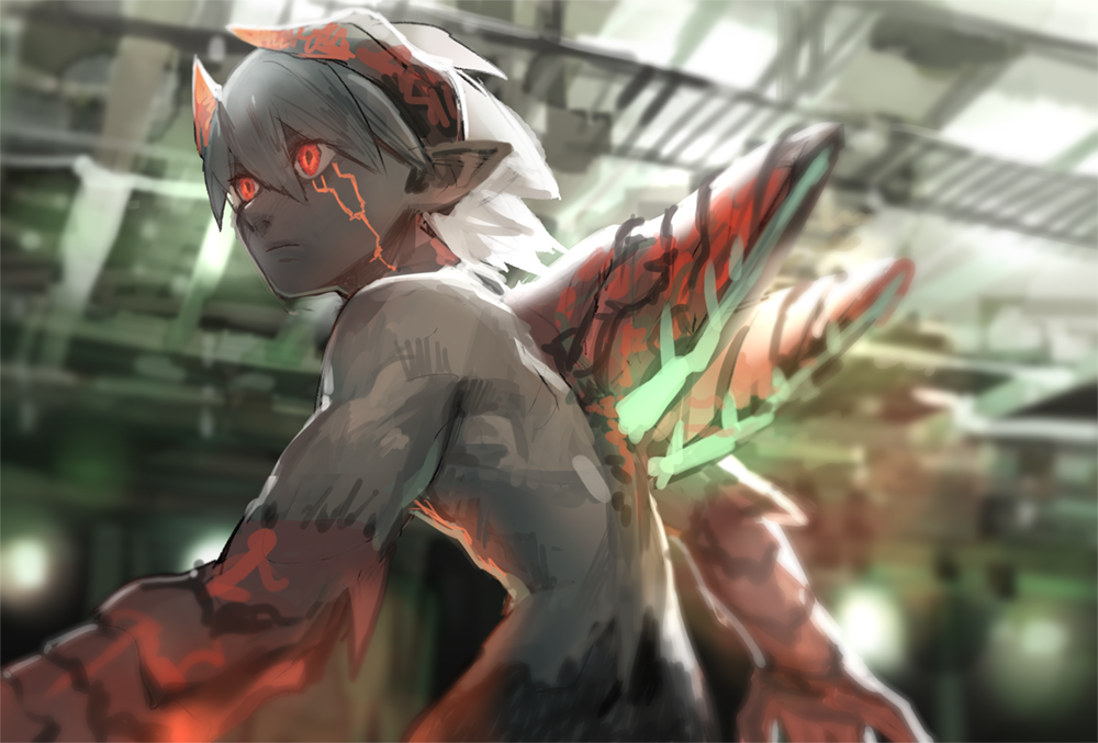 1boy breath_of_fire breath_of_fire_v capcom dragon_boy facial_mark glowing glowing_eyes horns male_focus monster_boy pointy_ears red_eyes ryu_(breath_of_fire_v) sasumata_jirou solo topless_male white_hair