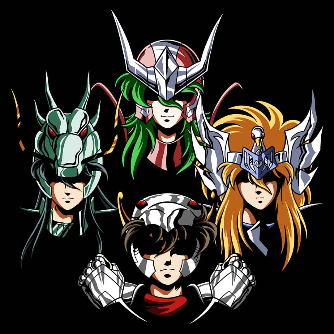 4boys album_cover andromeda_shun black_background black_hair blonde_hair bohemian_rhapsody brown_hair clenched_hand cover crossed_arms cygnus_hyouga dragon_shiryuu green_hair helmet long_hair male_focus multiple_boys parody pegasus_seiya phoenix_ikki queen_(band) saint_seiya upper_body
