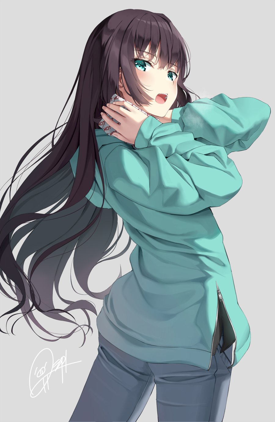 1girl blush brown_hair denim female_focus green_eyes green_hoodie grey_background hand_warmer hands_on_own_neck highres hood hoodie jeans long_hair looking_at_viewer looking_back open_mouth original pants simple_background solo superpig teeth twisted_torso upper_teeth_only