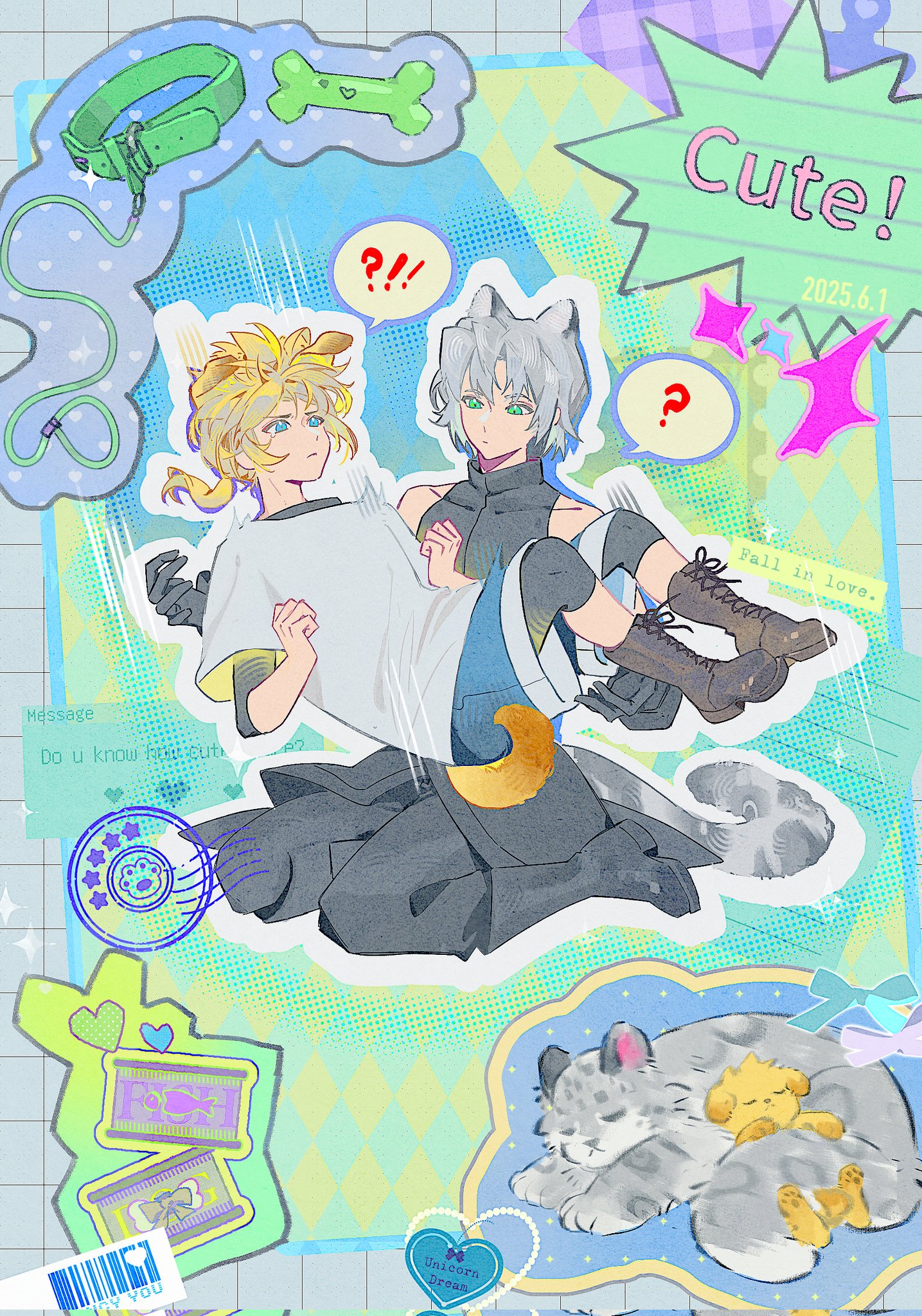 !? 2boys ? aged_down animal_ears animalization black_boots black_coat black_pants black_shirt blonde_hair blue_eyes blue_pants boots brown_boots catching clenched_hands closed_eyes cloud_strife coat collage_background curled_tail dog dog_ears dog_tail english_text falling final_fantasy final_fantasy_vii final_fantasy_vii_ever_crisis floppy_ears full_body furrowed_brow grey_hair hands_up highres hygee_524 knee_boots layered_shirt light_frown long_sleeves lying male_focus medium_hair multiple_boys no_armor on_back on_stomach outline pants sephiroth sephiroth_(edged_wings) sephiroth_(ever_crisis) shirt short_hair sitting sleeping sleeveless sleeveless_coat snow_leopard snow_leopard_ears snow_leopard_tail speech_bubble t-shirt tail wariza white_outline white_shirt