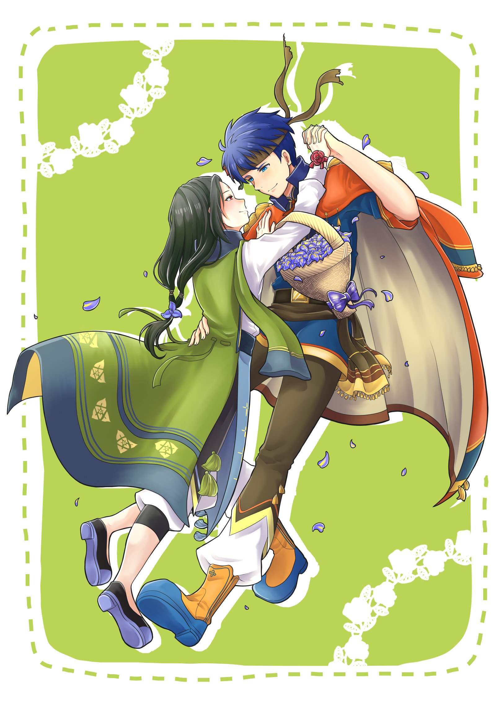 2boys basket black_hair blue_eyes blue_hair coat coat_on_shoulders commentary_request eye_contact fire_emblem fire_emblem:_path_of_radiance fire_emblem_heroes flower flower_basket highres ike_(fire_emblem) ike_(valentine)_(fire_emblem) kon_seisakujo long_hair looking_at_another male_focus multiple_boys nintendo official_alternate_costume red_eyes short_hair soren_(fire_emblem) soren_(valentine)_(fire_emblem) two-sided_fabric yaoi