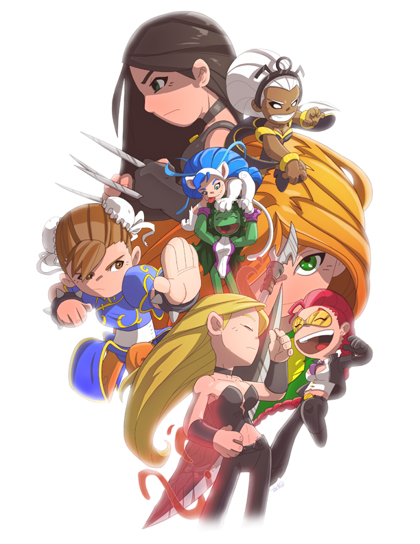 10s 6+girls :p ahoge animal_hands capcom chibi choker chun-li clenched_teeth closed_eyes crimson_viper dark-skinned_female dark_skin dax_gordine devil_may_cry_(series) double_bun felicia_(darkstalkers) fighting_stance glasses hair_bun jennifer_walters long_hair marvel marvel_vs._capcom marvel_vs._capcom_3 multiple_girls open_mouth phoenix_(x-men) she-hulk smile storm_(x-men) street_fighter teeth tongue tongue_out trish_(devil_may_cry) darkstalkers weapon x-23 x-men