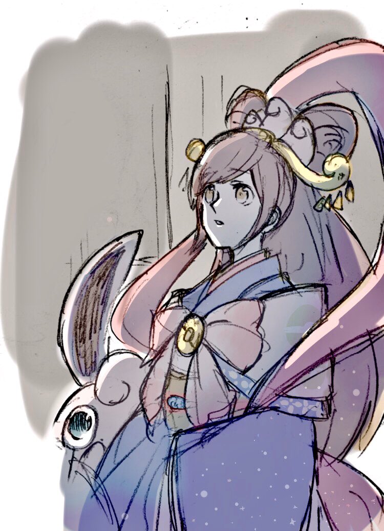 brown_eyes brown_hair gen_1_pokemon hair_bun hair_ornament japanese_clothes kimono long_bangs long_hair long_sleeves looking_up nintendo obi oichi_(pokemon_conquest) poke_ball_print pokemon pokemon_conquest ponytail sash sengoku_musou swept_bangs wigglytuff