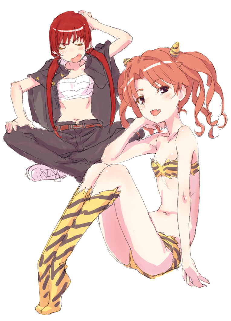 2girls animal_print arm_behind_head arm_support bare_shoulders belt bikini black_legwear blue_dress blush breasts brown_belt brown_eyes closed_eyes collarbone cosplay dress fang full_body fur_bikini furrowed_brow gakuran hand_on_ground hand_on_own_cheek hand_on_own_face hand_on_own_knee head_rest horns indian_style jacket jacket_on_shoulders knees_up long_hair looking_at_viewer lum lum_(cosplay) midriff multiple_girls musujime_awaki navel no_shirt open_mouth orange_hair pants raika9 red_hair sarashi school_uniform scratching_head shirai_kuroko shoes simple_background sitting sketch small_breasts sneakers striped_bikini striped_clothes swimsuit thighhighs tiger_print tiger_stripes tiptoes toaru_majutsu_no_index twintails very_long_hair white_background white_bag white_footwear