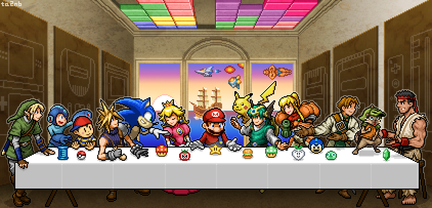 &gt;:) 1-up_mushroom 2girls 6+boys arm_cannon armor artist_name bare_arms black_hair blonde_hair blue_eyes blush_stickers boots brooch brown_hair burger capcom cat character_request cho_aniki closed_eyes closed_mouth cloud_strife copyright_request crossover crown dougi dress e-tank earrings facial_hair famicom felyne final_fantasy final_fantasy_vii fine_art_parody food game_boy game_boy_(original) game_console gen_1_pokemon gloves gradius green_eyes green_hair handheld_game_console hat headband helmet indoors jewelry konami link long_hair long_table looking_at_another mario mario_(series) mega_man_(character) mega_man_(classic) mega_man_(series) metroid monster_hunter_(series) mother_(series) mother_2 multiple_boys multiple_crossover multiple_girls muscular mushroom mustache ness_(mother_2) nintendo nintendo_64 nintendo_ds no_headwear open_mouth overalls parody pikachu pink_dress pixel_art pointy_ears poke_ball poke_ball_(basic) pokemon pokemon_(creature) ponytail power_armor power_suit_(metroid) princess_peach radish rupee_(zelda) ryu_(street_fighter) samus_aran sega sheath ship shirt short_hair sitting sleeveless smile sonic_(series) sonic_the_hedgehog spiked_hair standing street_fighter sun sunset super_famicom super_star_(mario) sweater ta2nb table tablecloth tetris the_last_supper the_legend_of_zelda tunic twinbee twinbee_(character) v-shaped_eyebrows varia_suit vic_viper water watercraft weapon wii