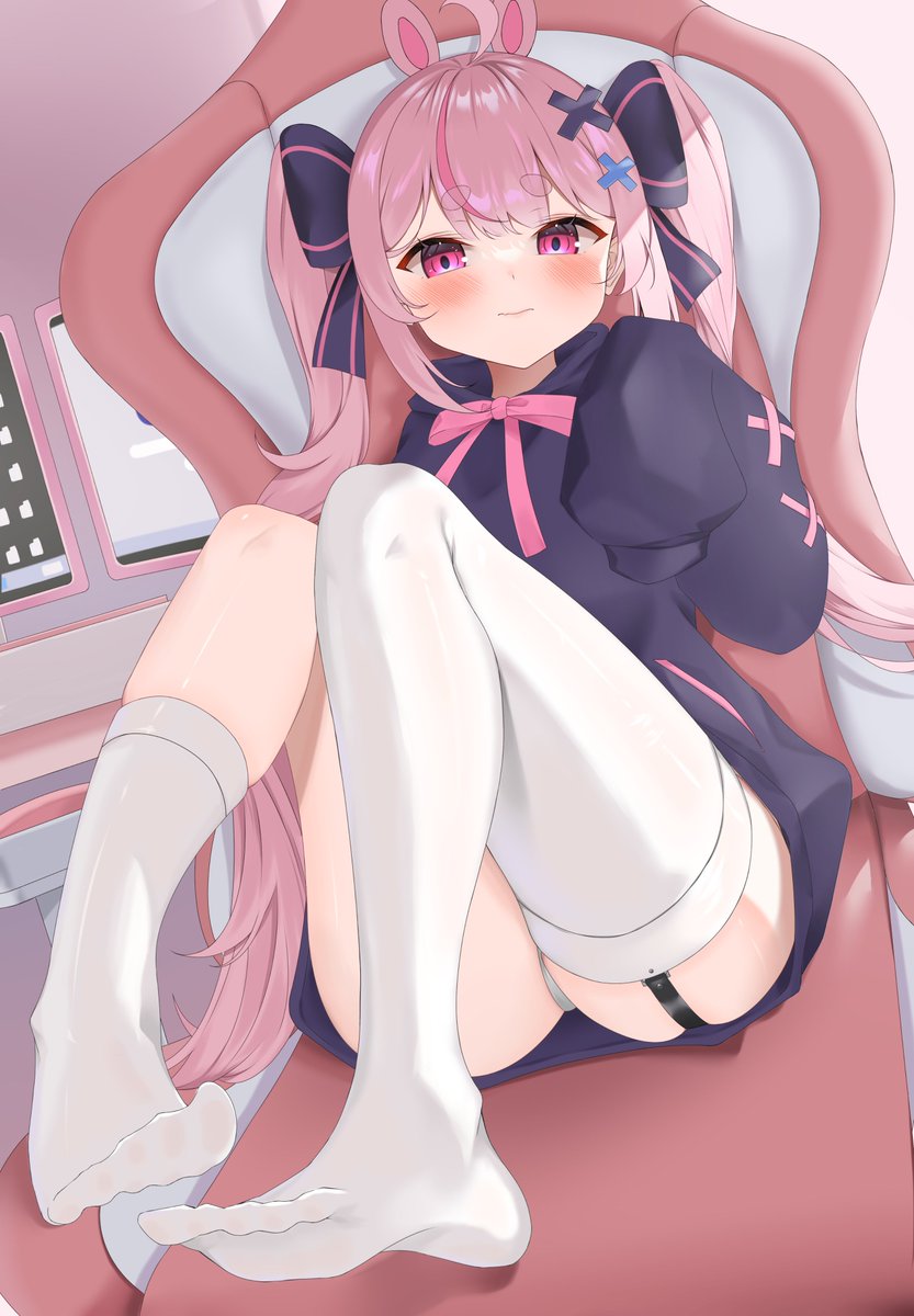 1girl ahoge animal_ears asymmetrical_legwear black_bow black_hoodie blush bow chair desk desktop_(computing) feet full_body garter_straps hair_bow hair_ornament highres hood hood_down hoodie indie_virtual_youtuber kneehighs long_hair looking_at_viewer monitor multicolored_hair on_chair panties pantyshot pink_eyes pink_hair sitting sleeves_past_wrists socks solo streaked_hair thick_eyebrows thighhighs thighs tomari_mari touch_(uo2iqsbub291352) twintails underwear very_long_hair virtual_youtuber white_panties white_socks white_thighhighs x_hair_ornament