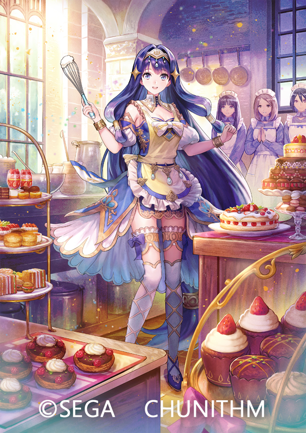 4girls apron asatani_tomoyo bakery blue_dress blue_hair blue_shoes breasts cake cake_stand character_request chunithm cleavage commentary_request cupcake dress english_text food formal_clothes fruit high_heels holding holding_whisk icing indoors kitchen long_hair looking_at_viewer medium_breasts multiple_girls official_art pastry sega shoes shop smile solo_focus strawberry sweets thighhighs tiered_tray very_long_hair watermark whisk yellow_apron