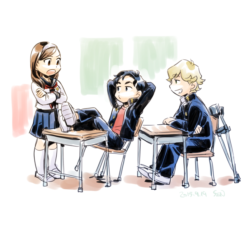 1girl 2boys arms_behind_head billy_batson black_hair blonde_hair blue_eyes brown_eyes brown_hair crossed_arms crutch dated dc_comics desk freddy_freeman gakuran grin hairband justice_league mary_batson multiple_boys open_mouth pleated_skirt school_desk school_uniform sen_(sen69) serafuku signature skirt smile