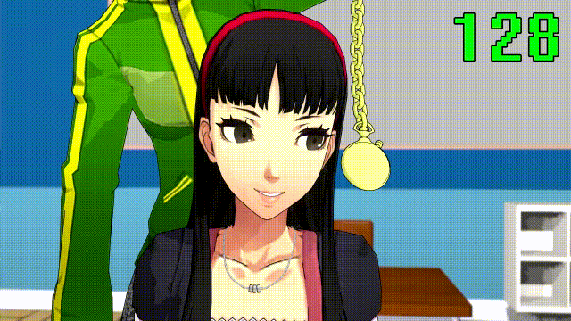 20s 2girls 3d amagi_yukiko animated animated_gif atlus black_eyes black_hair black_shirt blinking breasts brown_eyes brown_hair chalkboard changing_channels channel classroom collarbone desk female_focus grabbing_another&#039;s_chin green_jacket hairband hand_on_another&#039;s_chin hand_on_another&#039;s_head happy headpat holding holding_pocket_watch holding_watch hypnosis indoors interior jacket jewelry long_hair long_sleeves looping_animation matching_hair/eyes megami_tensei mind_control multiple_girls necklace open_mouth pendulum persona persona_4 persona_4:_dancing_all_night persona_dancing pocket_watch rolling_eyes satonaka_chie school shelf shin_megami_tensei shirt short_hair short_sleeves sitting skirt sleepy small_breasts smile source_filmmaker_(medium) standing swinging television vynil watch watching white_skirt