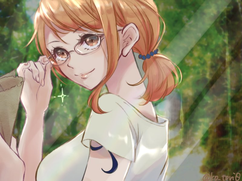 1girl arm_tattoo commentary_request glasses hair_tie holding holding_paper ko_tori0 nami_(one_piece) nami_(one_piece)_(skypiea) one_piece orange_eyes outdoors paper profile shirt sidelocks smile solo sparkle t-shirt tattoo twintails upper_body white_shirt