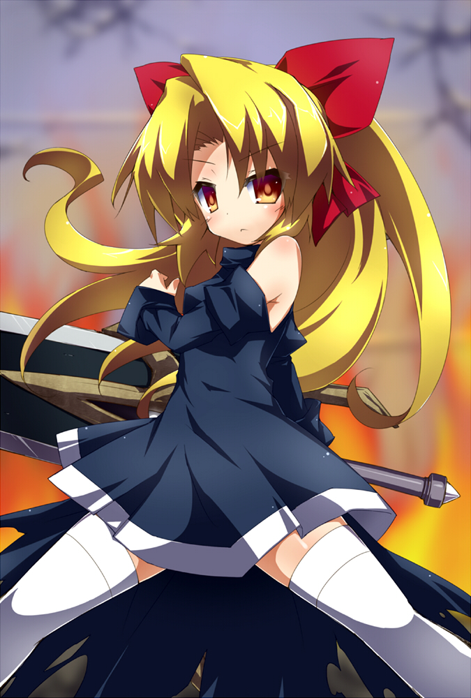1girl black_dress blonde_hair blush bow chikyuujin_a detached_sleeves dress female_focus fighting_stance hair_bow holding holding_weapon huge_weapon long_hair looking_at_viewer needless ponytail seto_(needless) short_dress sleeveless sleeveless_dress solo standing sword thighhighs weapon white_thighhighs yellow_eyes