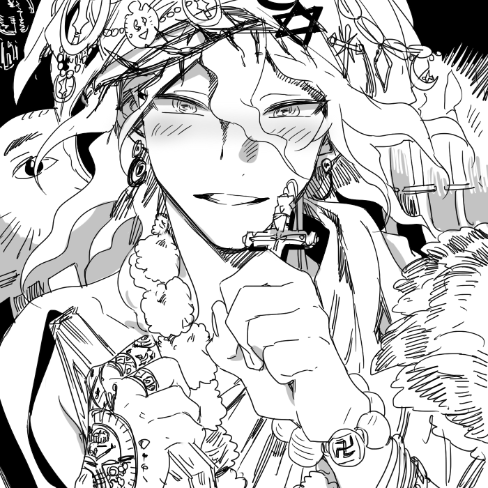 1boy bare_shoulders blush cross danganronpa_(series) danganronpa_2:_goodbye_despair greyscale hair_ornament hexagram holding holding_cross komaeda_nagito long_hair monochrome portrait religious_offering smile solo star_of_david swastika teeth uurin