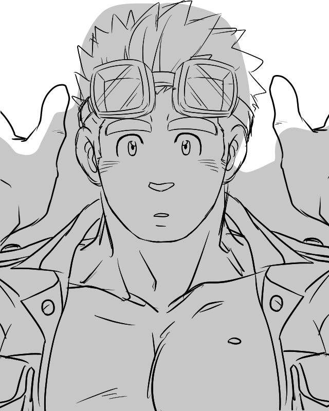 2boys bara blush goggles goggles_on_head greyscale jumpsuit kajiya_kurogane large_pectorals looking_at_viewer male_focus monochrome multiple_boys muscular muscular_male pectoral_cleavage pectorals pov pov_hands short_hair sideburns solo_focus spiked_hair sunfight0201 takemaru_(housamo) thick_eyebrows tokyo_houkago_summoners