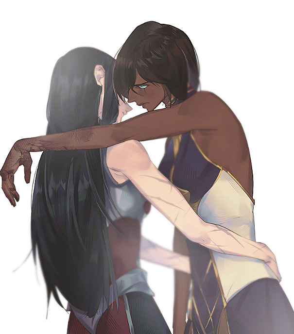 2girls arm_on_another&#039;s_shoulder black_hair brown_hair closed_mouth dark-skinned_female dark_skin from_side green_eyes hair_between_eyes hands_on_another&#039;s_waist injury irelia karma_(league_of_legends) league_of_legends long_hair looking_at_viewer medium_hair multiple_girls scar scar_on_arm simple_background sleeveless uchu_keito upper_body white_background yuri