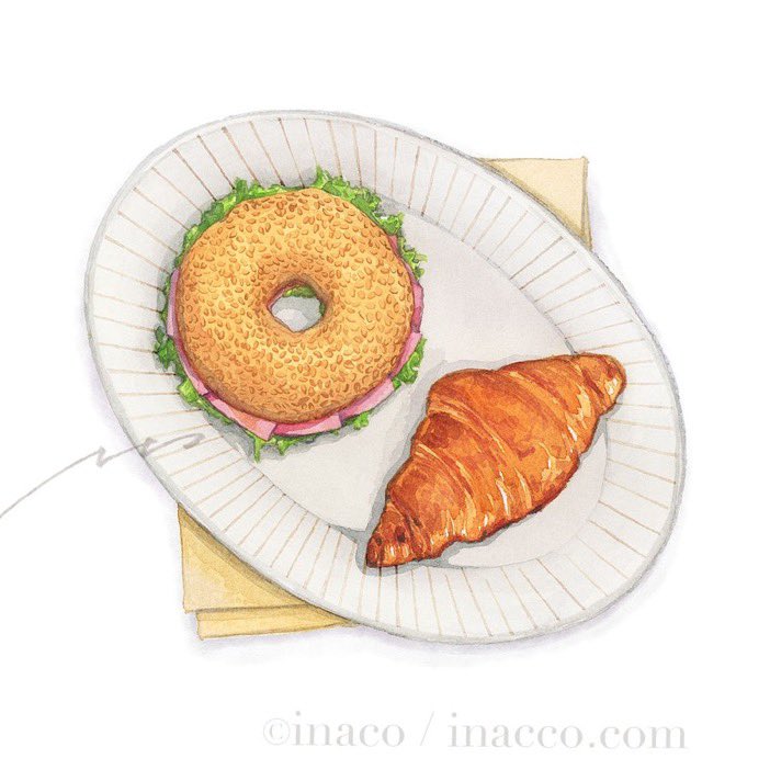 artist_name bagel_sandwich bread commentary_request croissant food food_focus ham inaco lettuce napkin no_humans original painting_(medium) plate signature simple_background still_life traditional_media watercolor_(medium) white_background