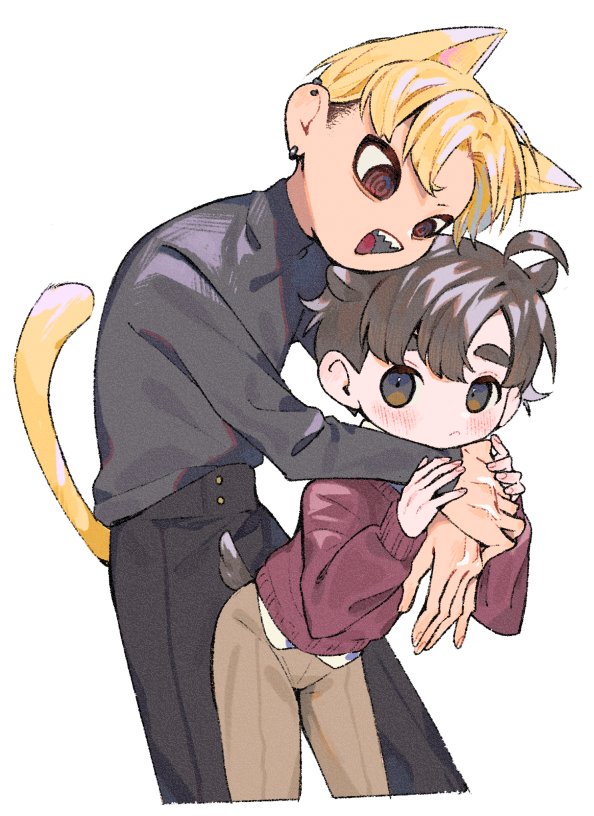 2boys @_@ ahoge animal_ears black_pants black_sweater blonde_hair brown_eyes brown_hair brown_pants cat_boy cat_ears cat_tail cropped_legs deer_boy deer_ears deer_tail ear_piercing earrings high-waist_pants hug hug_from_behind jewelry kemonomimi_mode male_focus multiple_boys open_mouth original pants piercing re1mit0 red_sweater sharp_teeth shirt simple_background sweater tail teeth thick_eyebrows turtleneck turtleneck_sweater white_background white_shirt yaoi