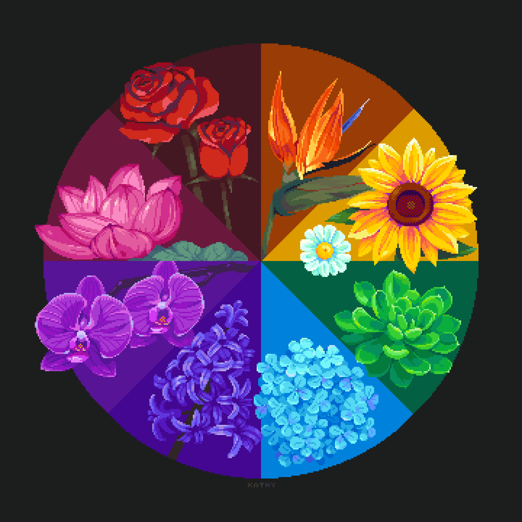 blue_flower color_wheel_challenge colorful commentary daisy english_commentary flower flower_focus highres kathychowww multiple_drawing_challenge no_humans orange_flower orchid original pink_flower pixel_art purple_flower red_flower red_rose rose simple_background sunflower yellow_flower
