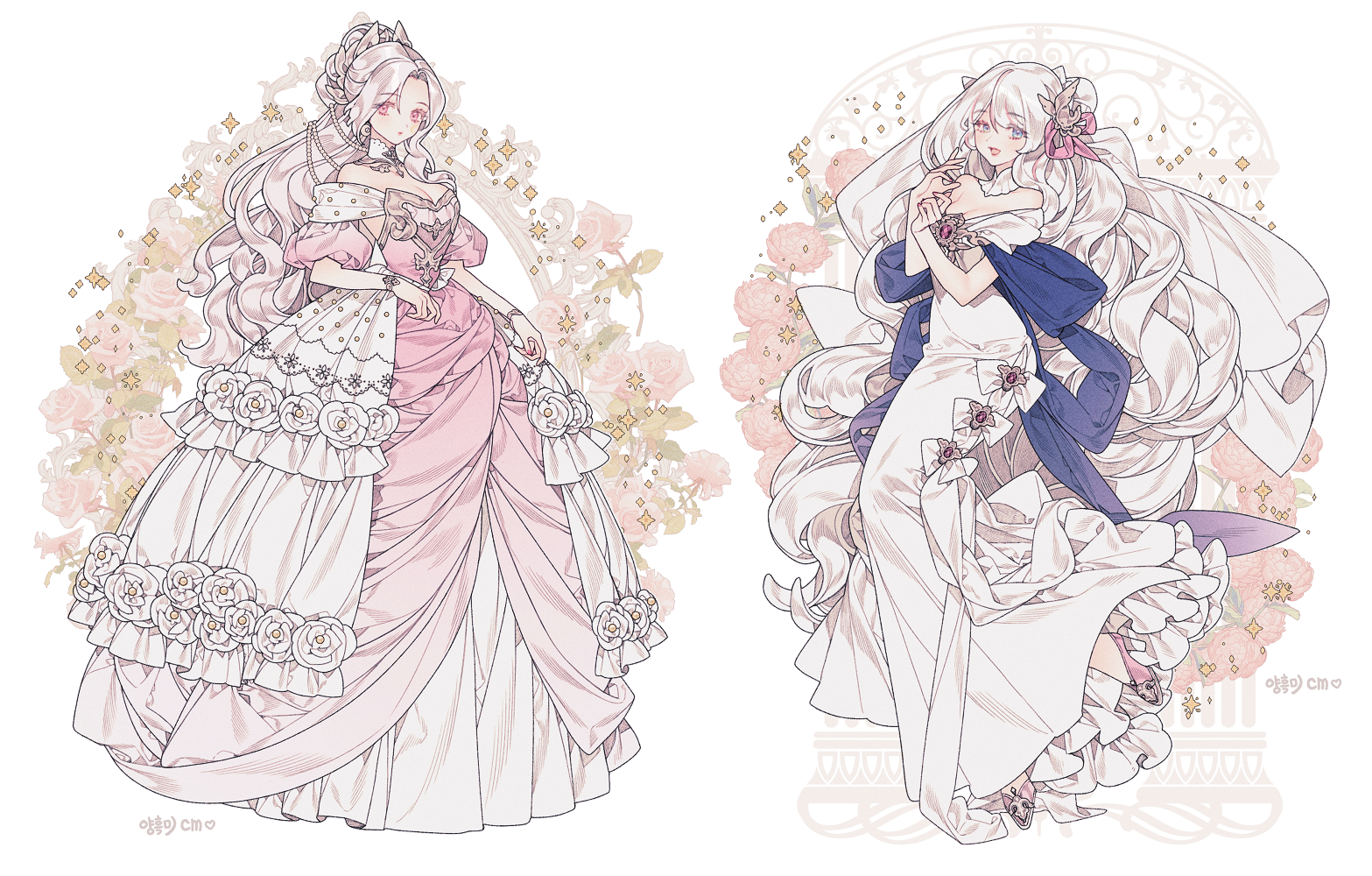 2girls blue_eyes blue_shawl bow bracelet breasts bridal_veil bride cleavage collage detached_collar dress fashion floral_background flower frilled_dress frills full_body gold_bracelet gradient_clothes gradient_dress hair_ornament high_heels jewelry lemon89h long_dress long_hair looking_at_viewer medium_breasts multiple_girls off-shoulder_dress off_shoulder open_mouth original parted_bangs pink_dress pink_eyes pink_flower pink_rose pink_shoes ponytail puffy_dress puffy_short_sleeves puffy_sleeves red_brooch rose shawl shoes short_sleeves standing veil very_long_hair wavy_hair wedding_dress white_bow white_dress white_hair white_veil