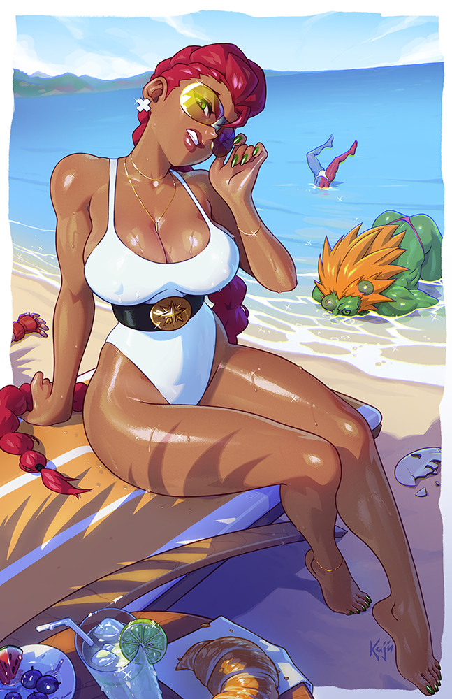 1girl 3boys adjusting_eyewear after_battle anklet arm_support ass aviator_sunglasses bare_legs barefoot beach beach_chair blanka border braid braided_ponytail breasts bruise capcom cleavage colored_skin covered_erect_nipples crimson_viper croissant cup dark-skinned_female dark_skin defeat drinking_glass earrings fingernails food fruit gill_(street_fighter) grapes green_eyes green_nails green_skin head_tilt highleg highleg_one-piece_swimsuit injury inugami-ke_no_ichizoku_pose jewelry kajin_(kajinman) large_breasts long_fingernails looking_at_viewer male_swimwear mature_female multicolored_skin multiple_boys nail_polish necklace ocean one-piece_swimsuit orange_hair outside_border partially_submerged pink_male_swimwear pompadour red_hair ryu_(street_fighter) scowl shade sitting street_fighter street_fighter_ii_(series) street_fighter_iii_(series) street_fighter_iv_(series) sunglasses swim_briefs swimsuit thighs thong toenails toes top-down_bottom-up upside-down water watermelon wet white_border white_male_swimwear white_one-piece_swimsuit